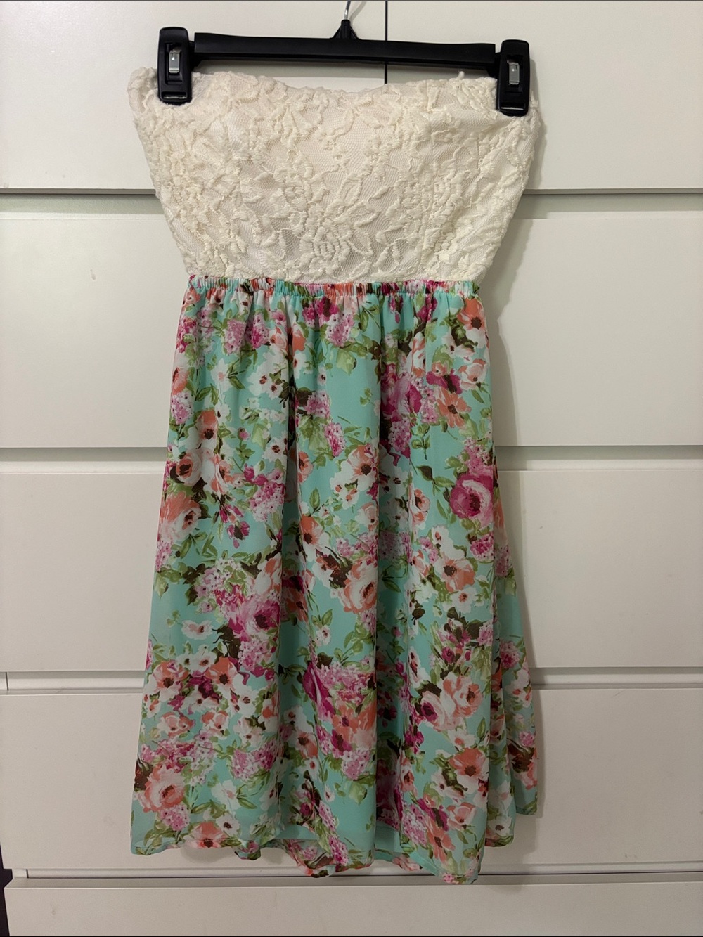 Girls Floral Mint and Ivory Lace Strapless Dress